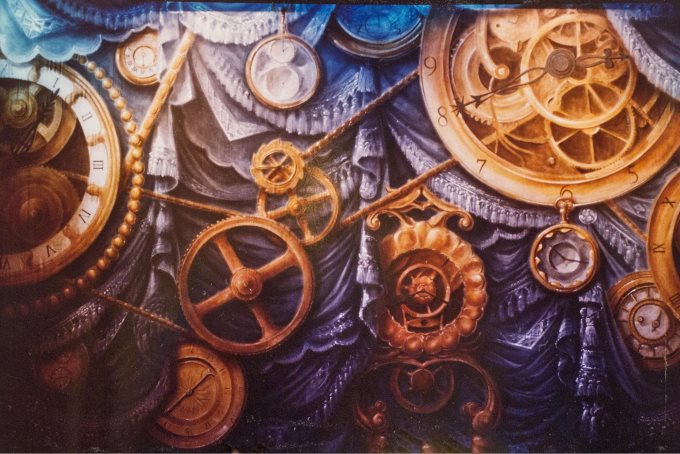 Full stage painted scrim depicting the eccentric fascination that Herr Drosselmeyer had with clocks, for The Nutcracker